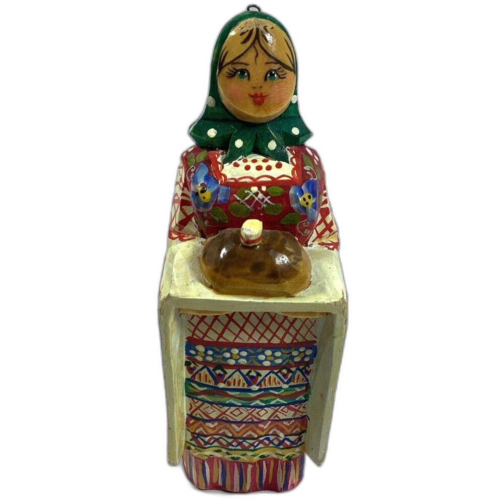 Russian Hand Carved Painted Wood Woman Doll Figure Ornament Artist Signed